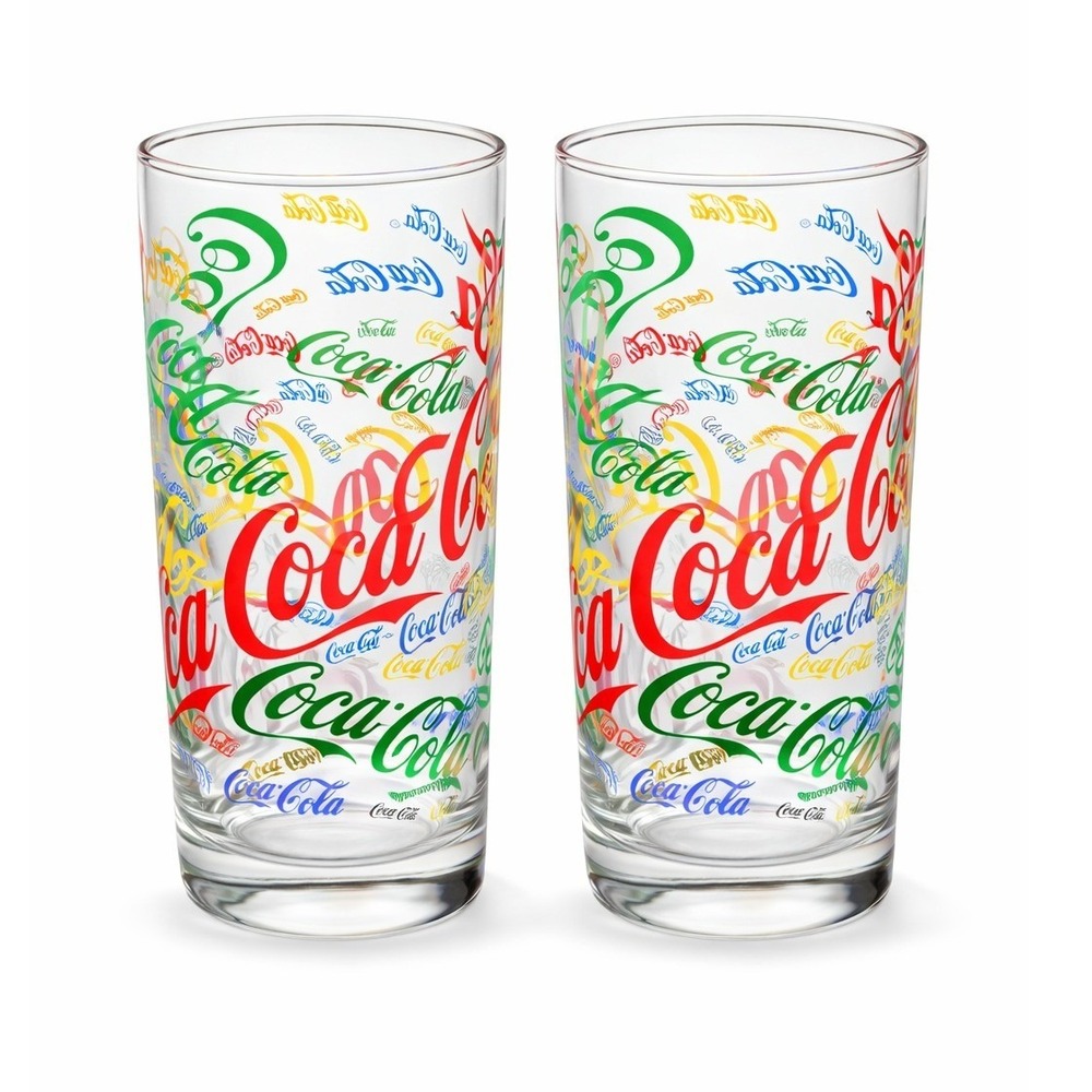Vintage Coca‎ Cola Glasses Set of 2 Multi Logo Tumblers Retro Coke 90s